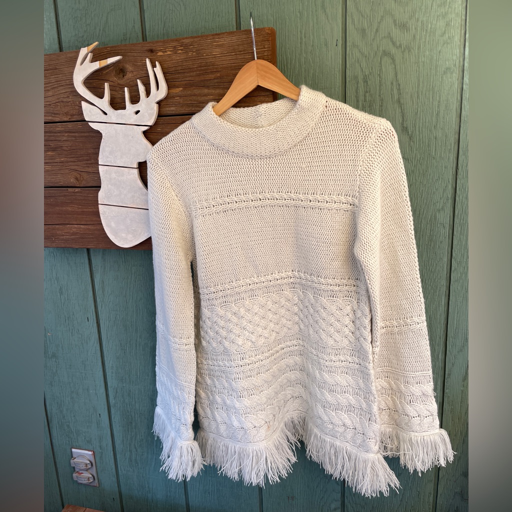Bb Dakota Cable Knit Fringe Sweater In Cream - Size L